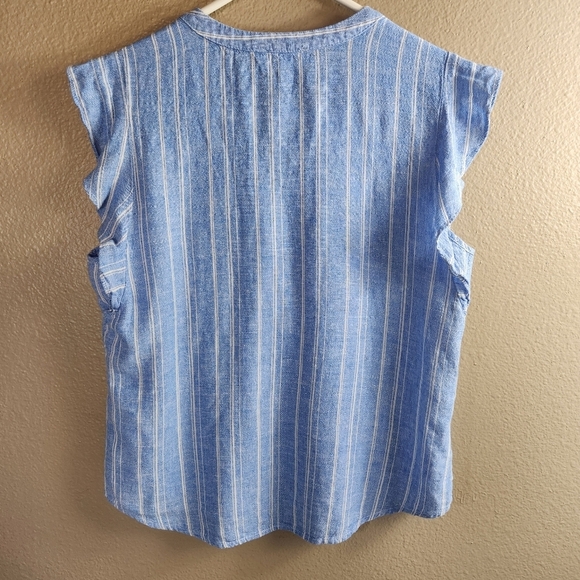 NAF NAF Paris Womens |M| Linen Blend Blue/White Stripe Sleeveless V-Neck Popover - Picture 5 of 8